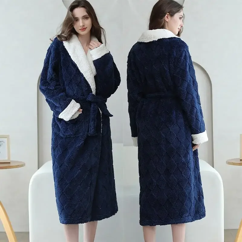 Thicken Flannel Nightwear Kimono Jacquard Robe Lady Home Clothes Long Nightgown with Pocket Women Shower Robes Sleepwear