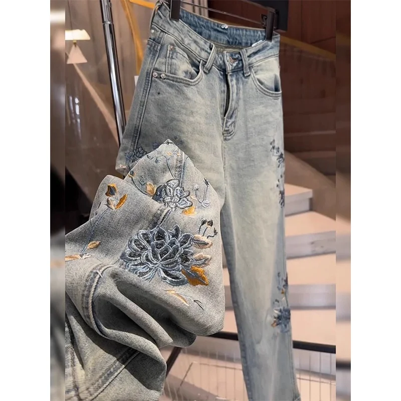 

Джинсы женские Ele с высокой талией, облегающие, с вышивкой, в китайском национальном стиле, свободные, прямого кроя