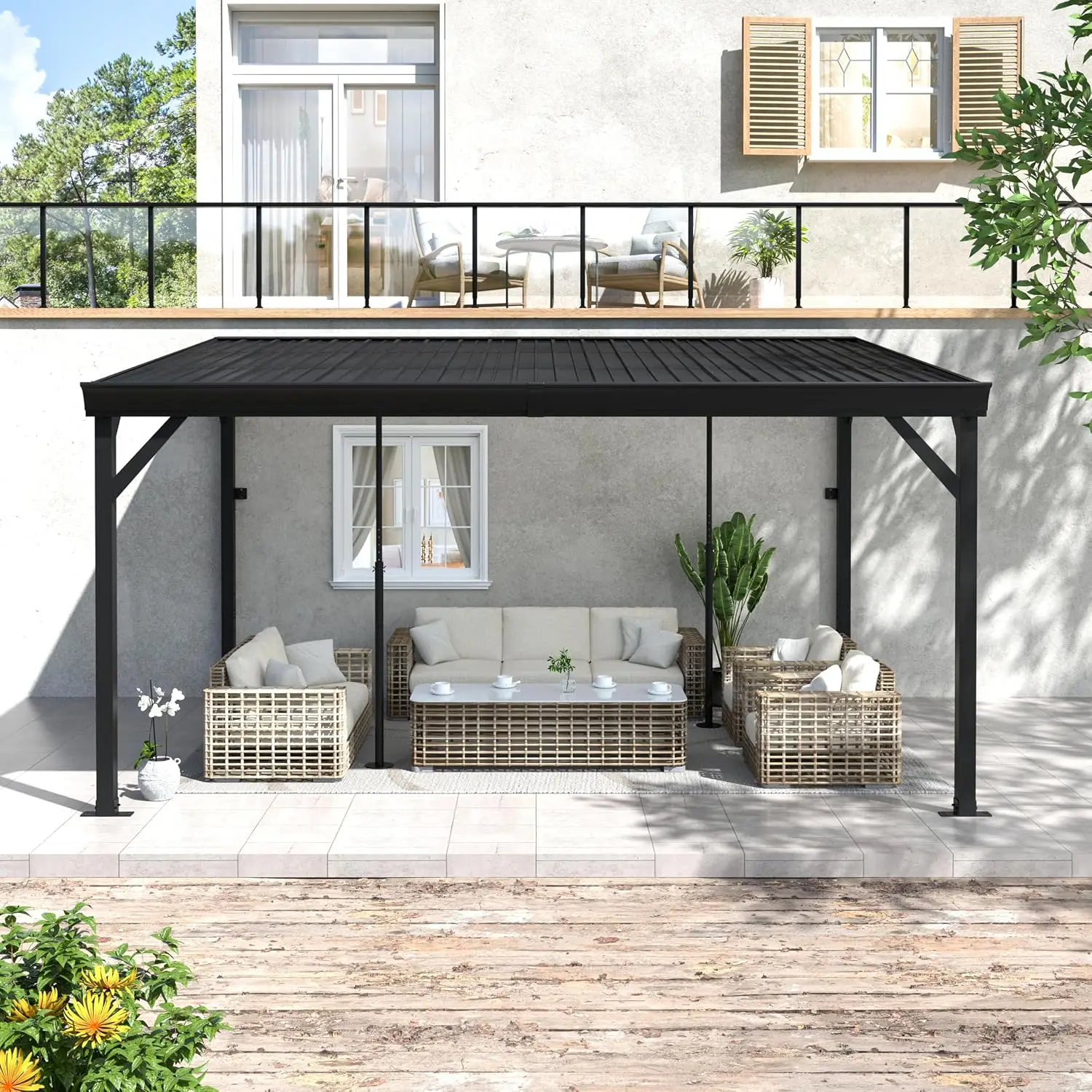 Wall-Mounted Gazebo 10'x14' Pergola with Gutter & Adjustable Posts, Heavy Duty Awning for Patio Deck Porch, Customized