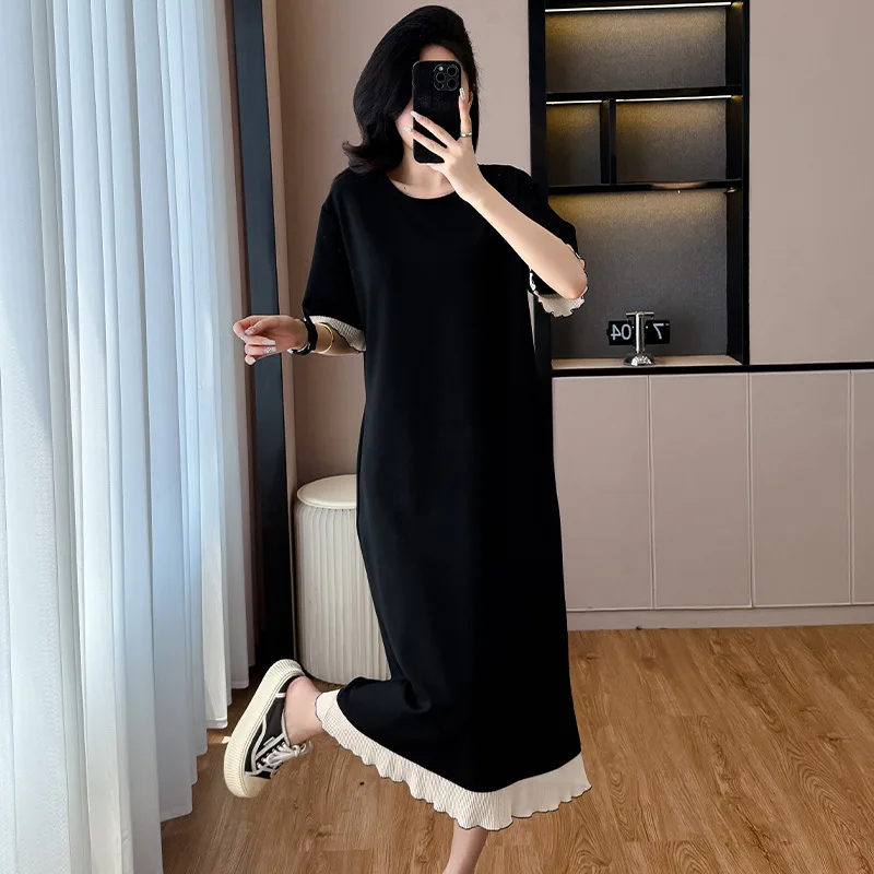 Robes d'été coréennes pour femmes, en dentelle, épissure, manches courtes, décontractée, ample, slim, taille haute, Maxi T-shirt