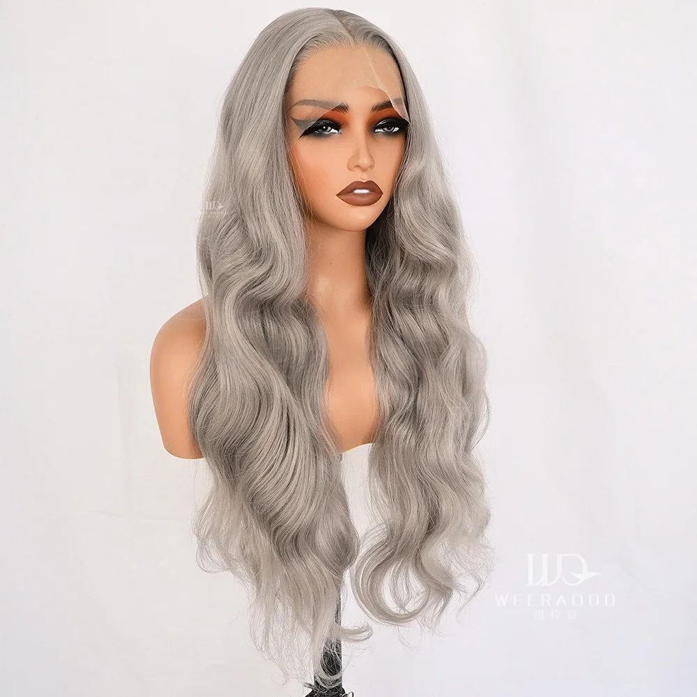 28 Inch Body Wave Silver Grey Lace Front Wig for Women 13x4 Lace Frontal Glueless Heat Resistant Synthetic Ash Grey Cosplay Wig