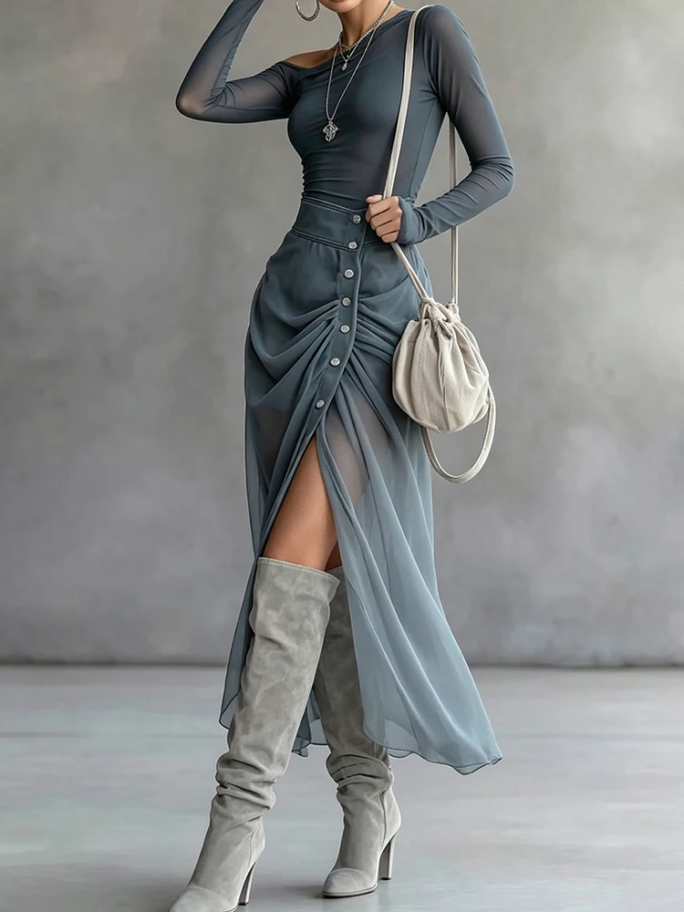 Women's 2PCS Long Sleeve Slim Shirt Blouse And Buttons Skirt Set Spring Autumn Holiday Patchwork Streetwear Outfit Ladies Suits view 4