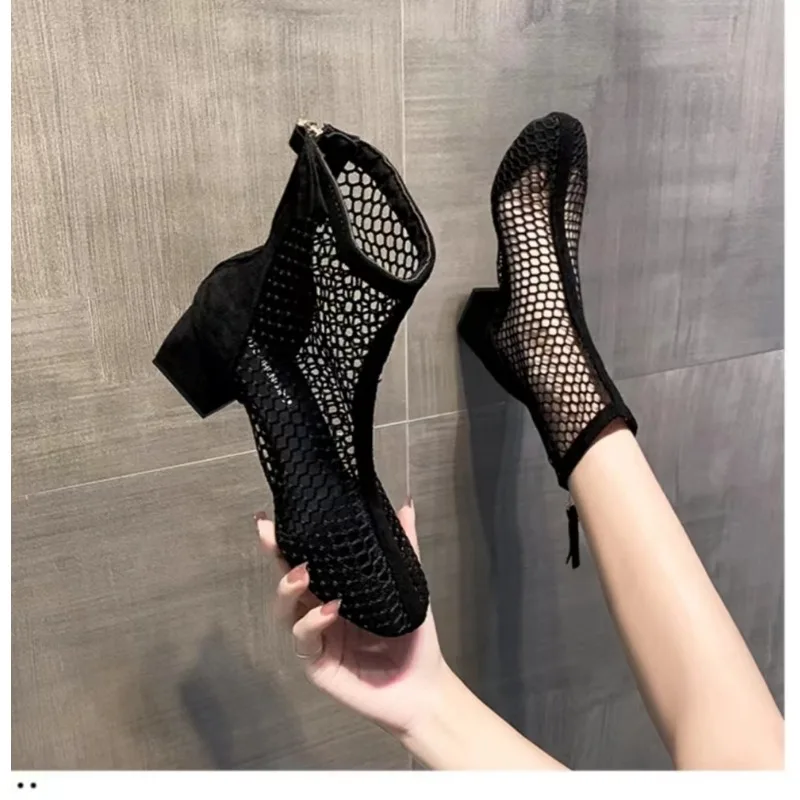 2024 Summer New FashionWomen Black Lace Rhinestone Sandals Flowers Low Heel Slippers Mesh Plus Size Sandalias Mujer Casual Shoes