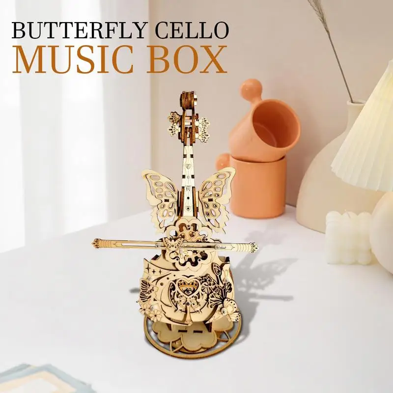 

Cello Music Box 3D Puzzles Wooden Cello Music Box Puzzle Set Handmade Jigsaw Construction Craft Kits Decorated With Butterfly