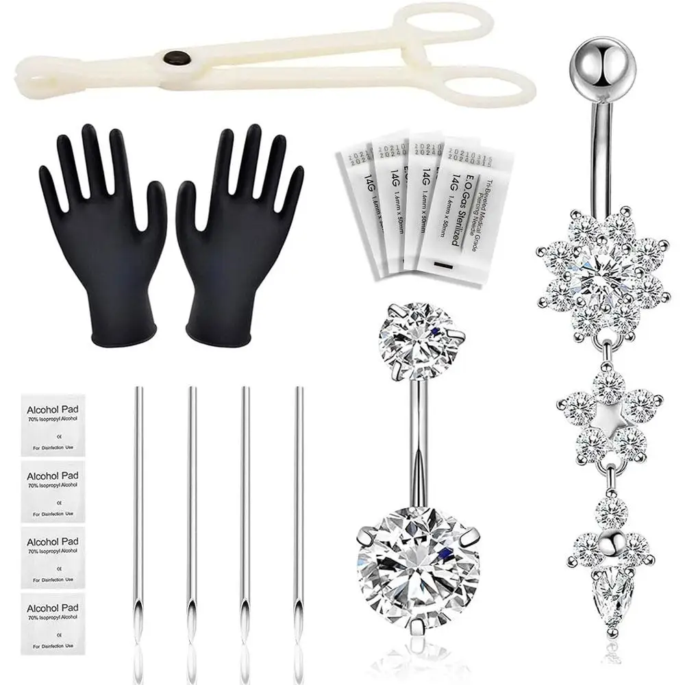 1/13Pcs Set Belly Button Piercing Kit Includes Piercing Clamp Piercing Tools Clean Tools Gloves for Piercing Supplies Jewelry