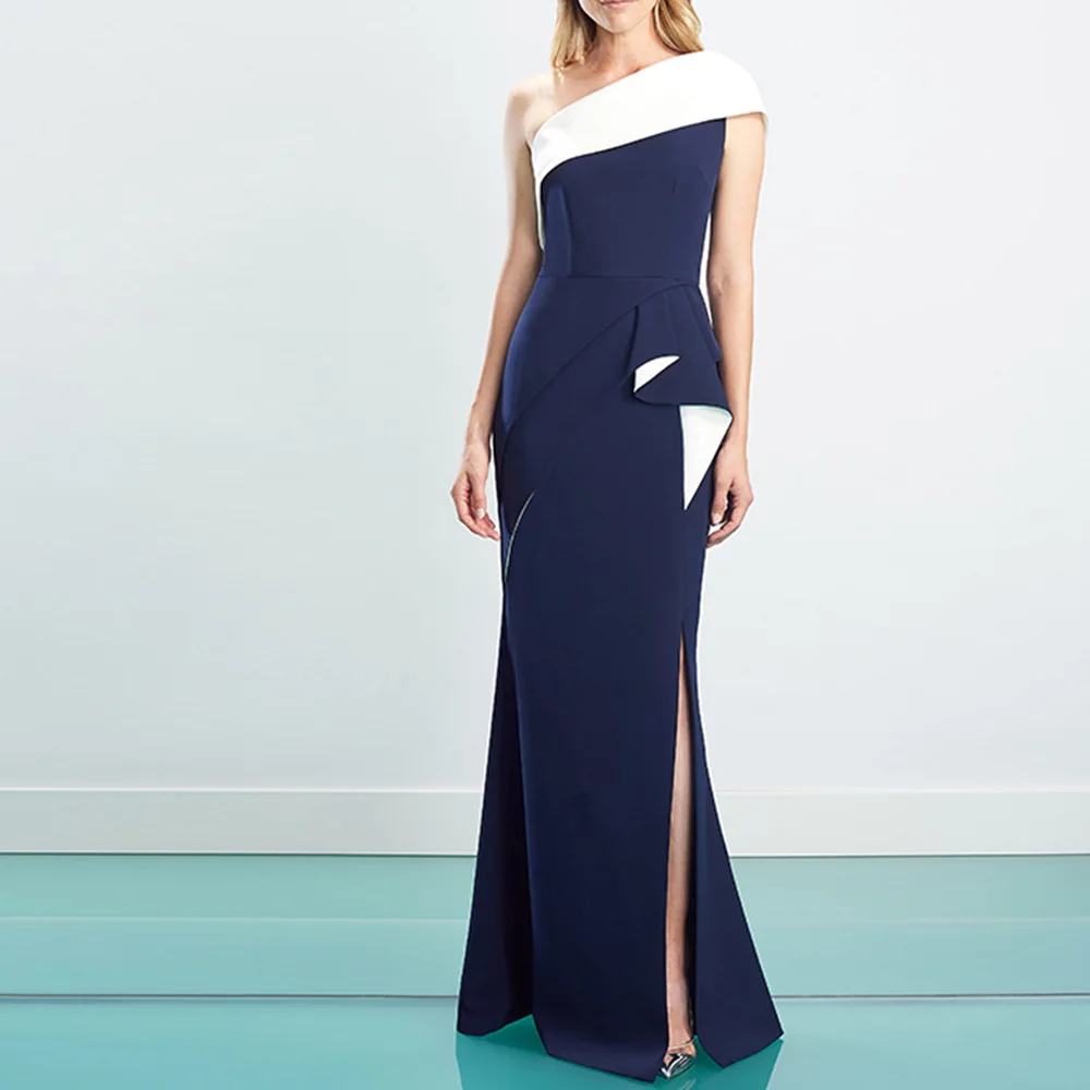 

Boat Neck One Shoulder Jersey Backless Sleeveless Straight Floor Length Buttons Zipper Back Evening Dress Bespoke Occasion Gowns