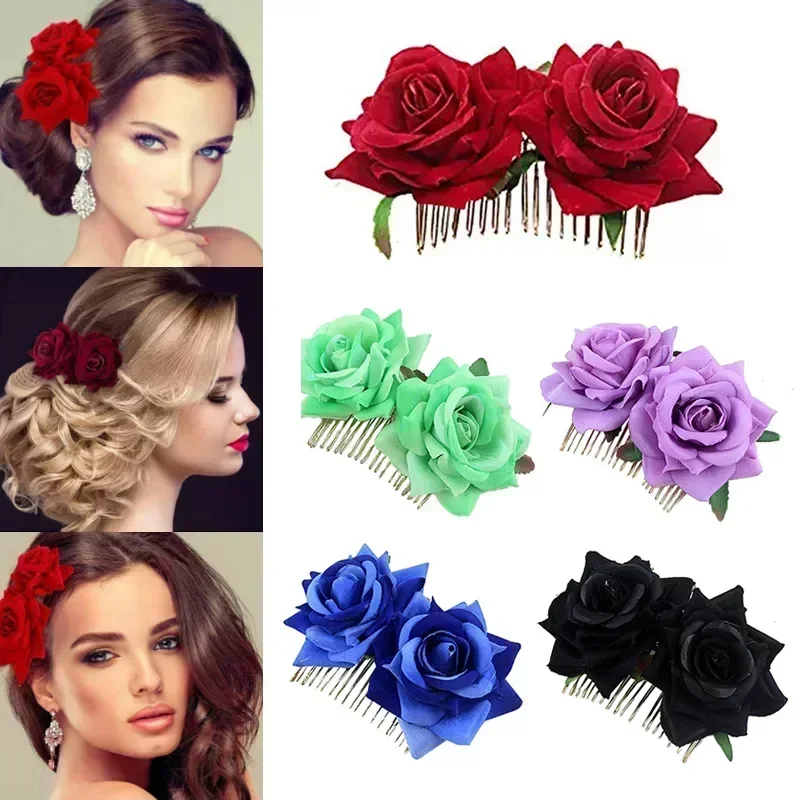 Romantic Fancy Double Silk Artificial Rose Flower Hair Comb Purple Red Hair Clip Wedding Bridal Lady Prom Headpiece Headwear