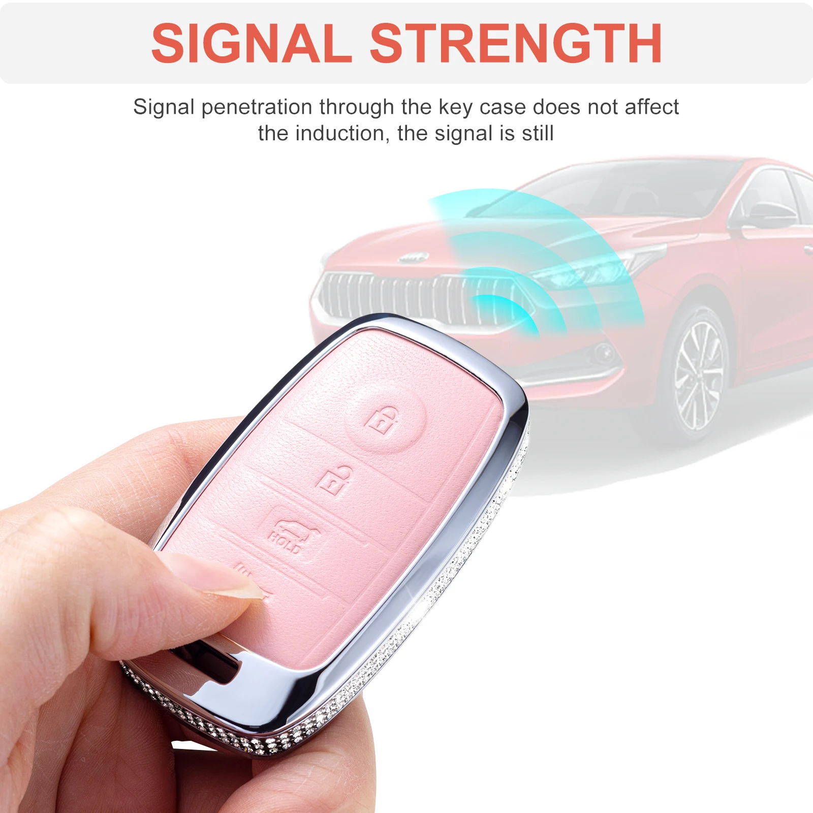 Key Fob Cover for Kia NIRO Forte Optima Sorento Rio Soul Sportage, Pink Genuine Leather Crystal Car Keys Shells Cases 4 Button F