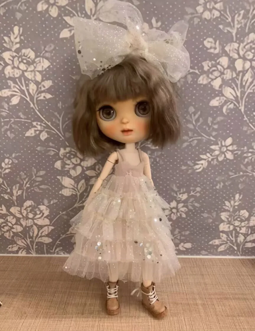 2025 2pcs French style Blythe Sequin mesh Puff Dress+bow 1/6 30cm(Fit for  azone,Pullip,Ob22/24/26, Licca)