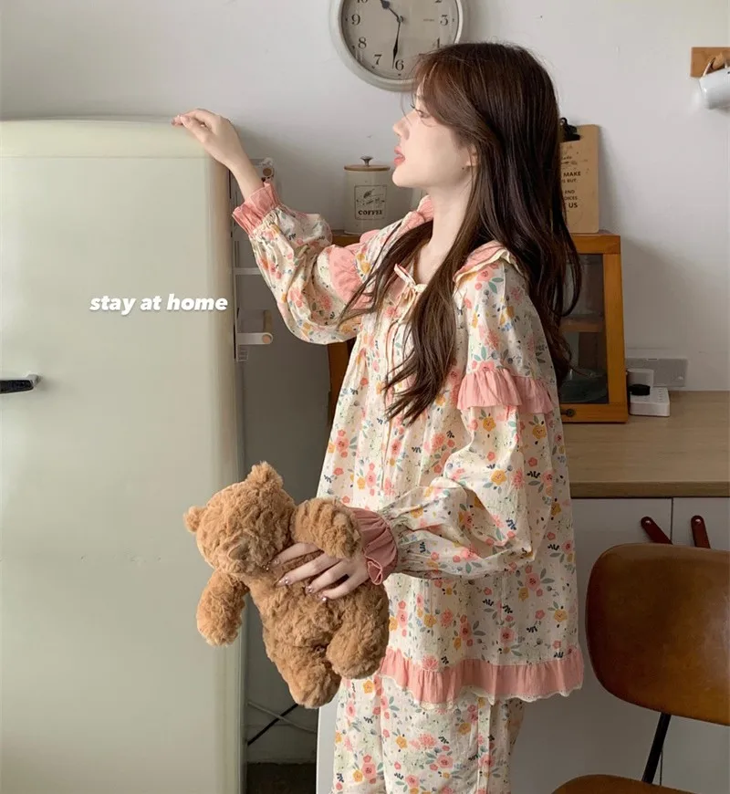 Flower Print Autumn Pajamas Set Women Ruffles Korean Two Piece Home Suit Kawaii Lace Up Sleepwear Cotton Homewear Sweet