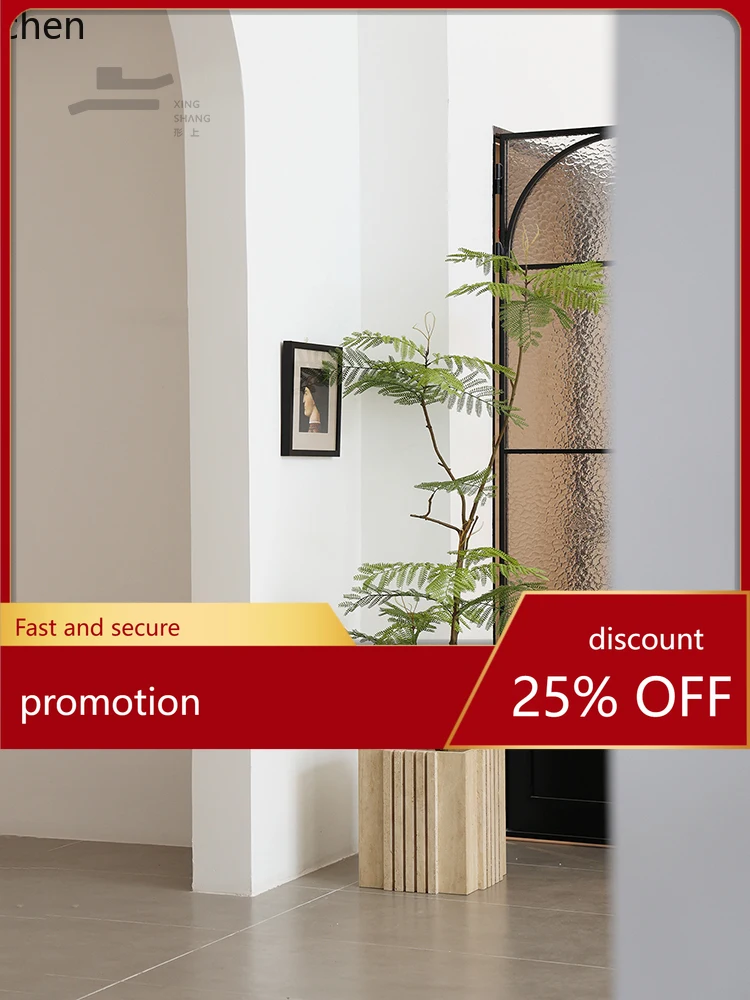 

HT Marble Travertine Flower Pot Floor-standing Green Plant Artificial Blue Camellia Living Room Ornament