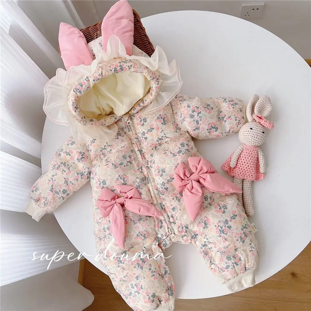 

Осенне-зимние детские хлопковые комбинезоны с цветочным принтом для маленьких девочек на молнии, милые шикарные детские комбинезоны с цветочным принтом, детские цельные штаны с капюшоном