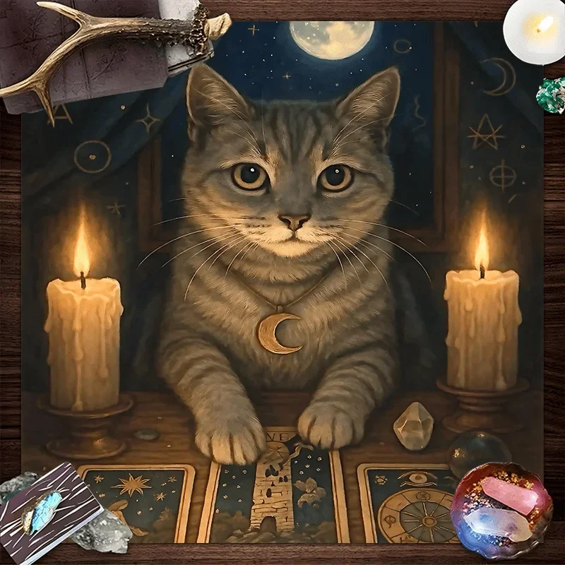 Moonlit Divination Tablecloth Gray Cat Tarot Crystal Star Chart Meditation Room Altar Esoteric Decorations