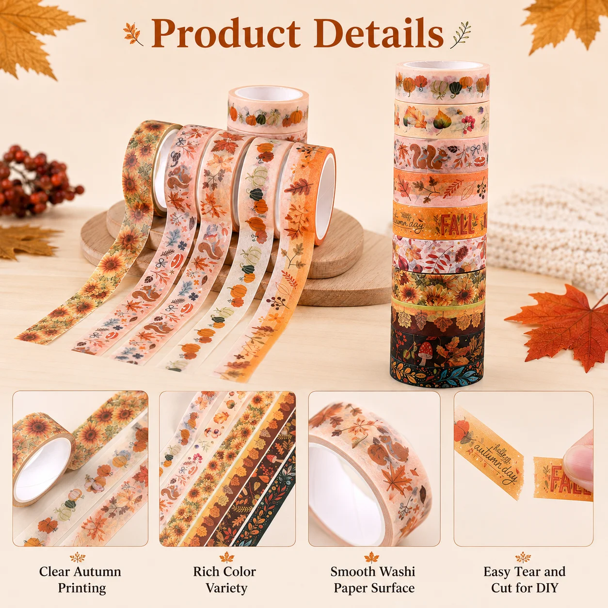 ชุดเทปวาชิลายใบไม้ฤดูใบไม้ร่วง - Washi Tape Rolls บทวิจารณ์และราคา