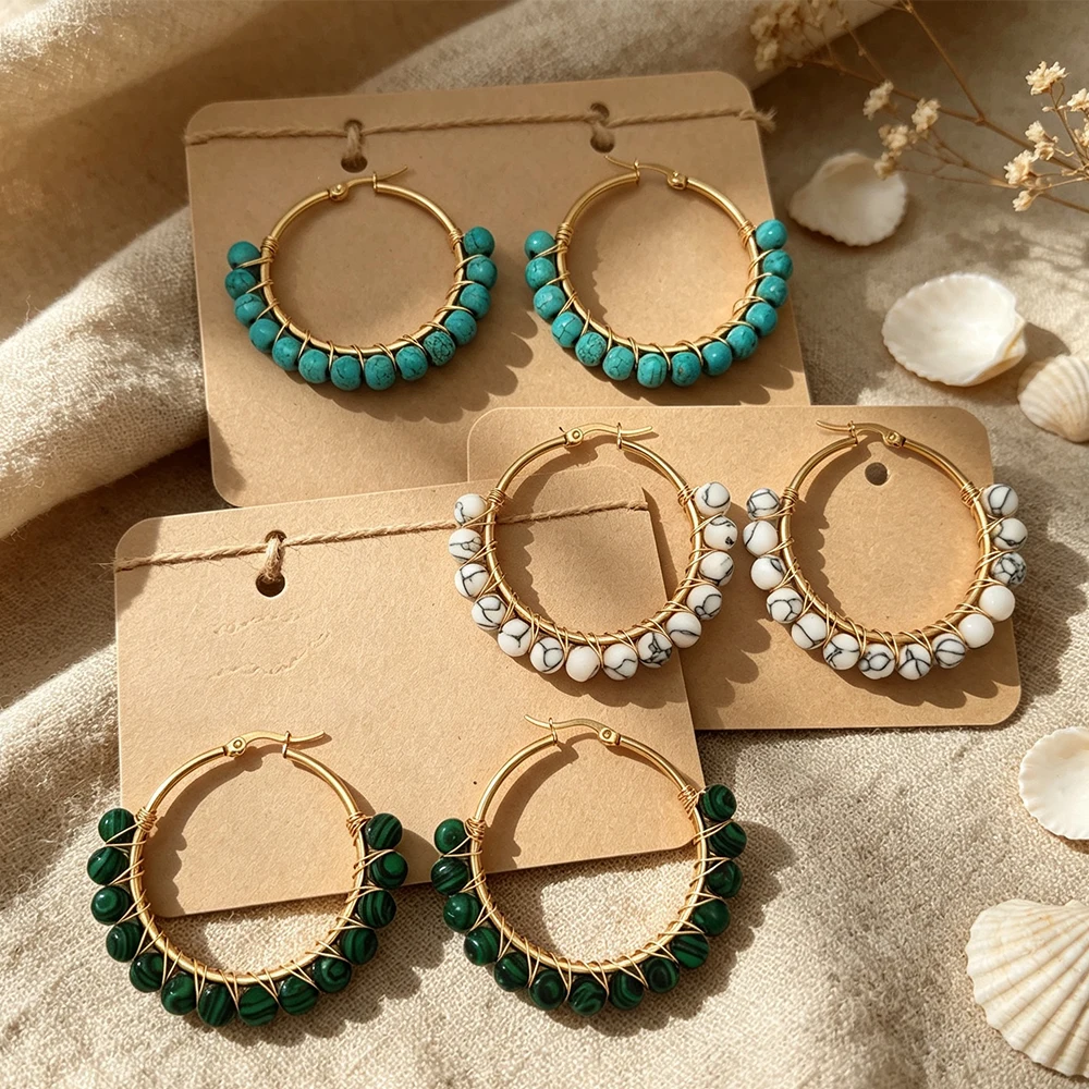 Gold Large Hoop Earrings with Hand-Wound Beads, Three-Color Imitation Turquoise Round Beads, Bohemian Style Holiday Earrings for Women