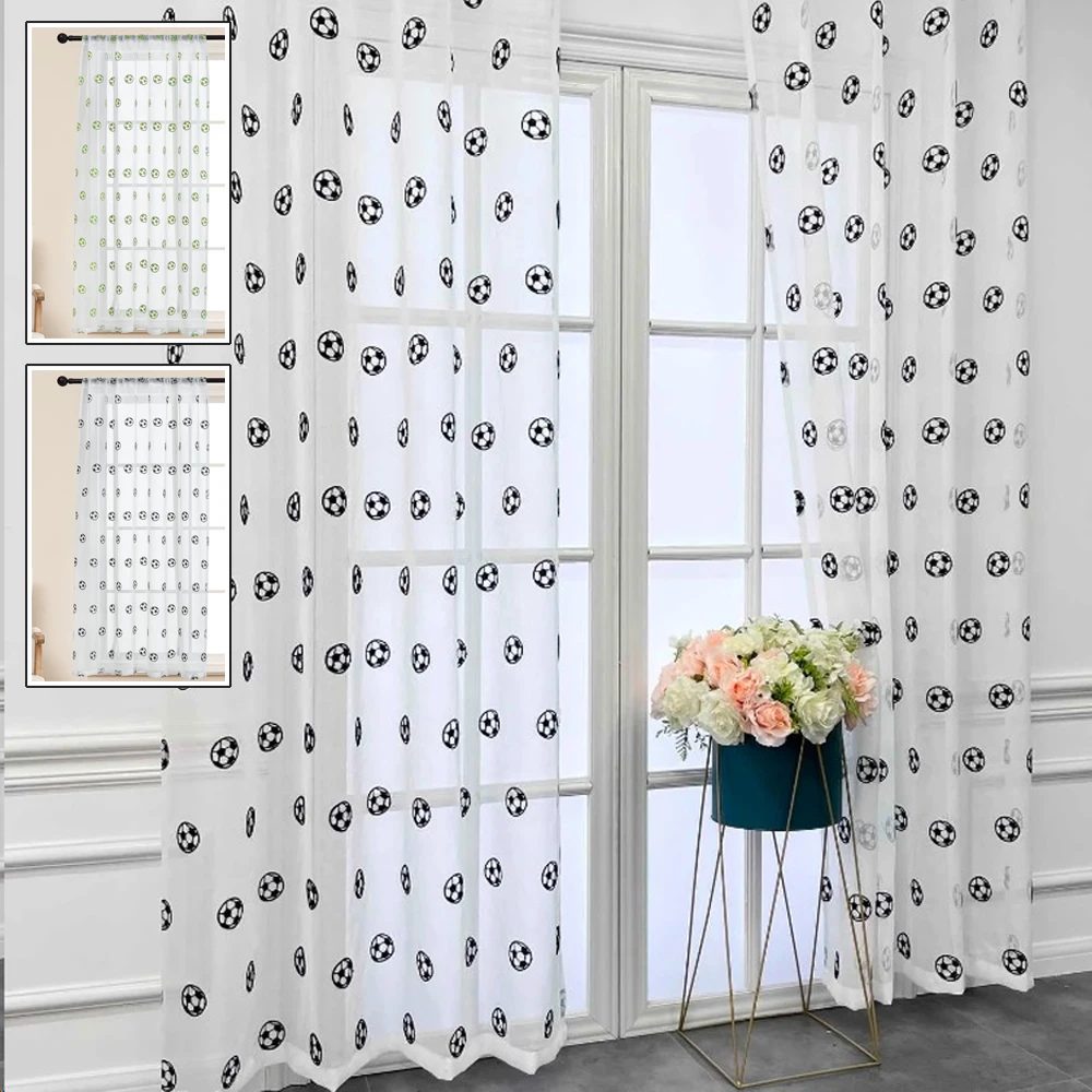 

1PC Cartoon Black Football Embroidery Sheer Curtains for Bedroom Boys Girl Children Nursery Faux Linen Voile Short Window Drapes