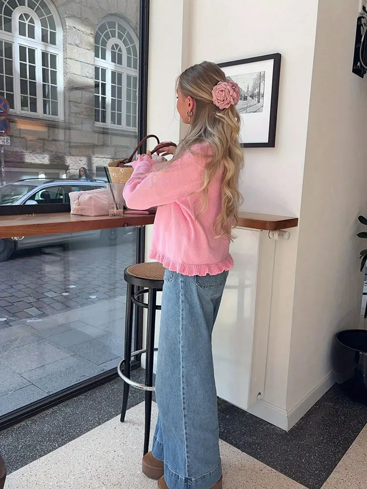 New Wrinkles Border Round Neck Sweater Cardigan Ruffled Long Sleeve Tops Autumn Women's Clothing Blouse Fashion Items Top Jacket