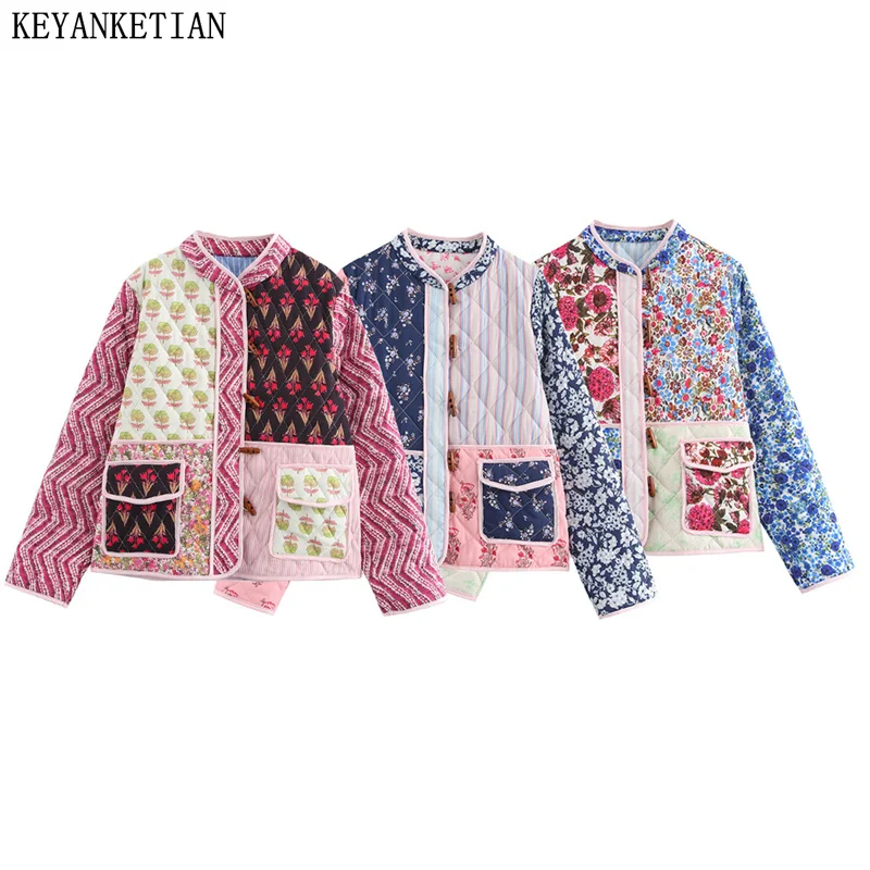 KEYANKETIAN 2024 Autumn/Winter New Women's Patchwork Print Horn Button Cotton-Padded Jacket Retro style Loose Short Outerwear