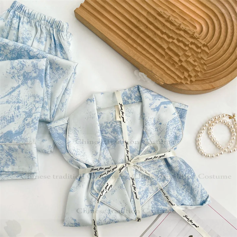 

Пижама для ближнего года Mariage, ночная рубашка, шелковая пижама Femme, 2 шт., одежда для сна, синий пижамный комплект с принтом, удобная пижама с короткими рукавами