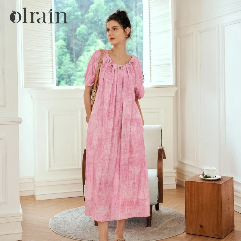 OLrain Women Summer Dresses 2026 French Style Loose Fit Gradient Short Sleeve Belted Long Dress Woman's Clothing O24XL92362
