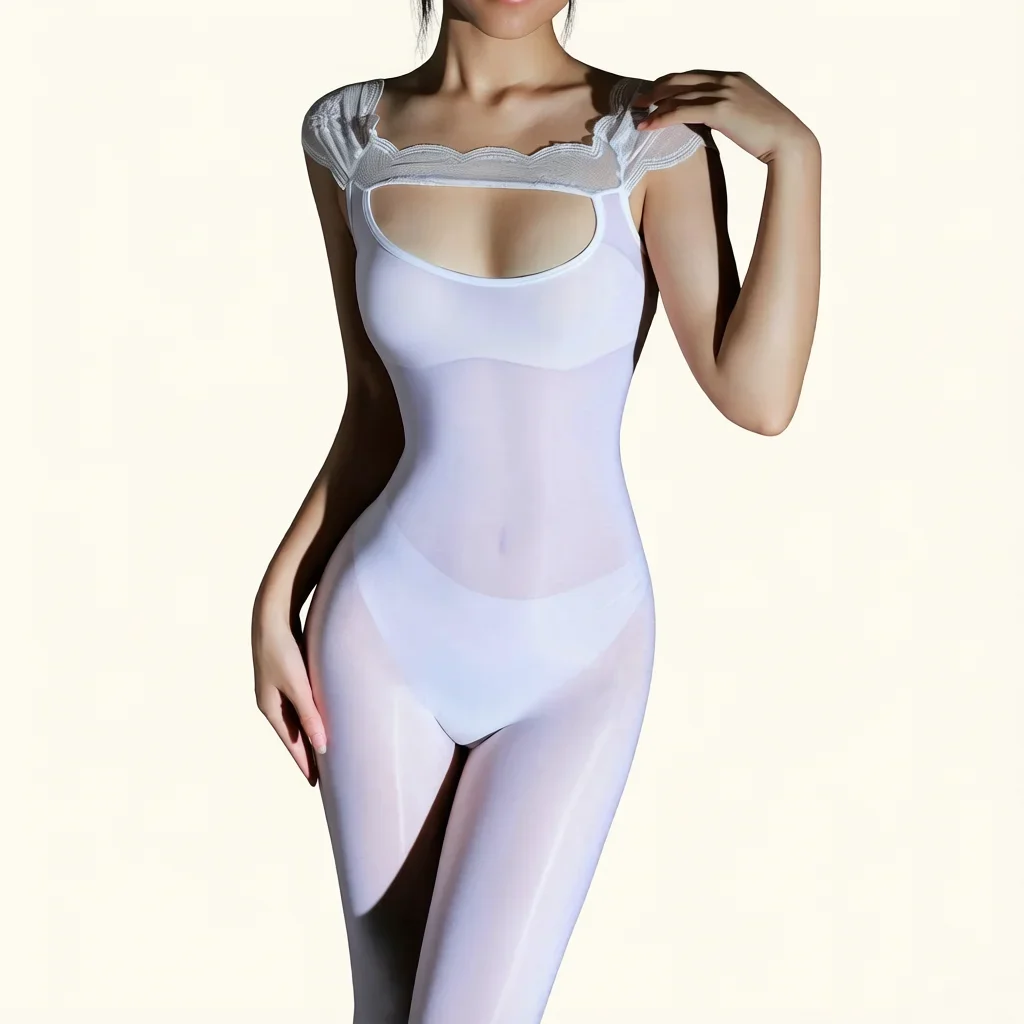 Fashion Women Open Bust Hollow Out Bodysuit Lace Oil Glossy Shiny Elastic Tights Yoga Shaping Slim Cosplay Maid Leotard