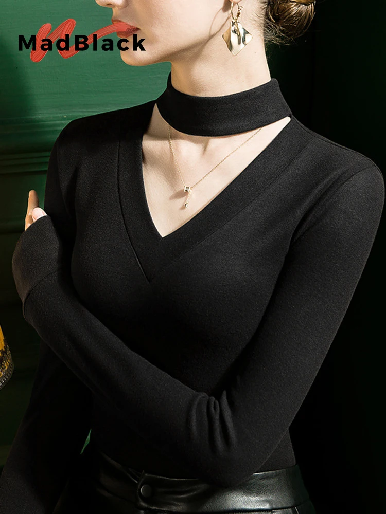 

MadBlack-Women European Fleece T-Shirt, Sexy Halter Solid, Streetwear Long Sleeve Slim S-3XL Warm Tee, 2025 Winter New T5D504CC