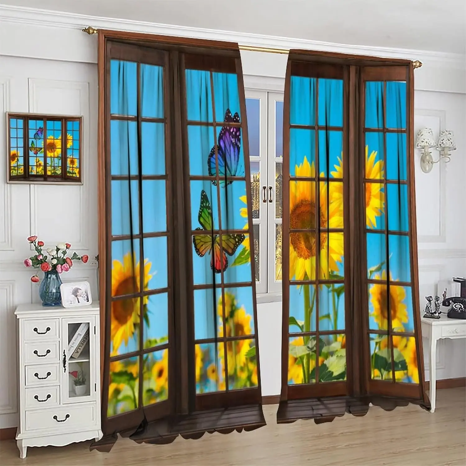 Sunflower Window Curtains, Butterflies Dancing On Sunflower Flowers are Suitable for Bedroom Kitchen Living Room, Home Wall