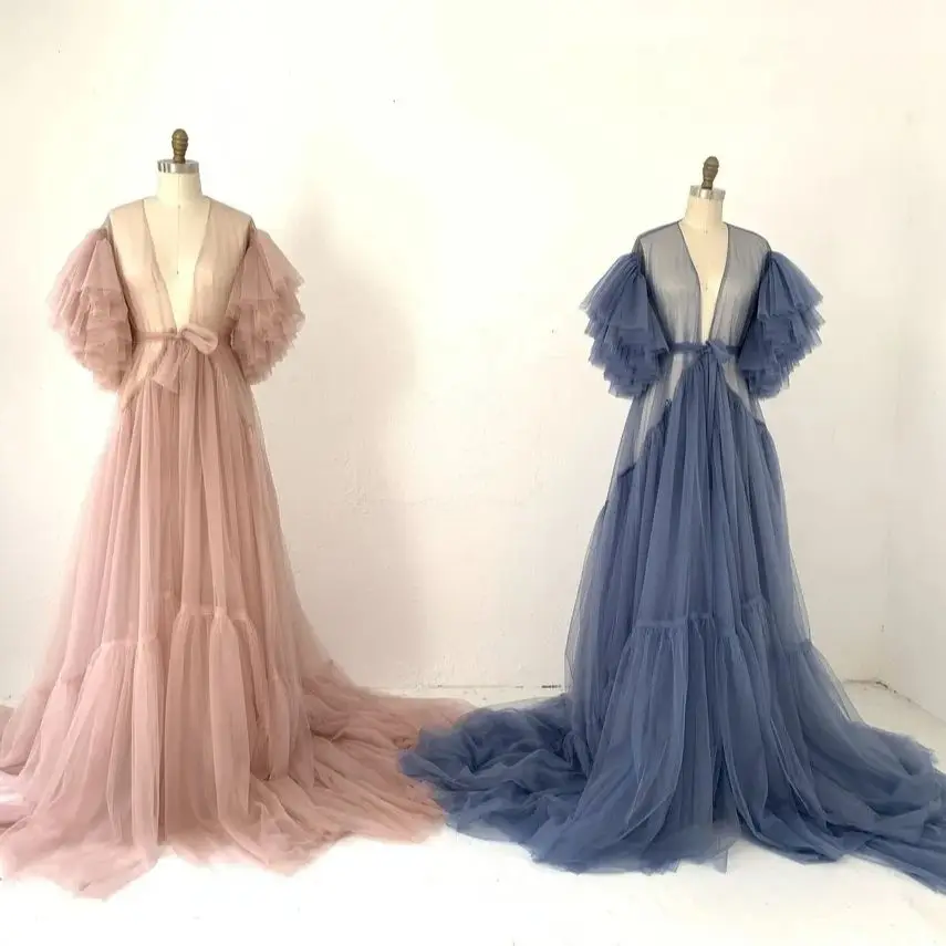 

Elegant A Line Tulle Maternity Robes Ruffles Sleeves Photoshoot Dresses Sexy Ribbons Floor Length Pregnant Women Party Gowns