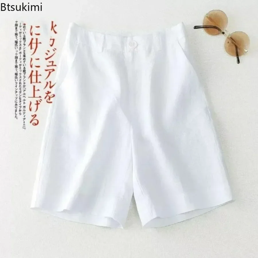 2025 Women's Casual Cotton Linen Shorts Solid Pocket Button High Waist Wide Leg Shorts Female Korean Straight Suit Shorts Women