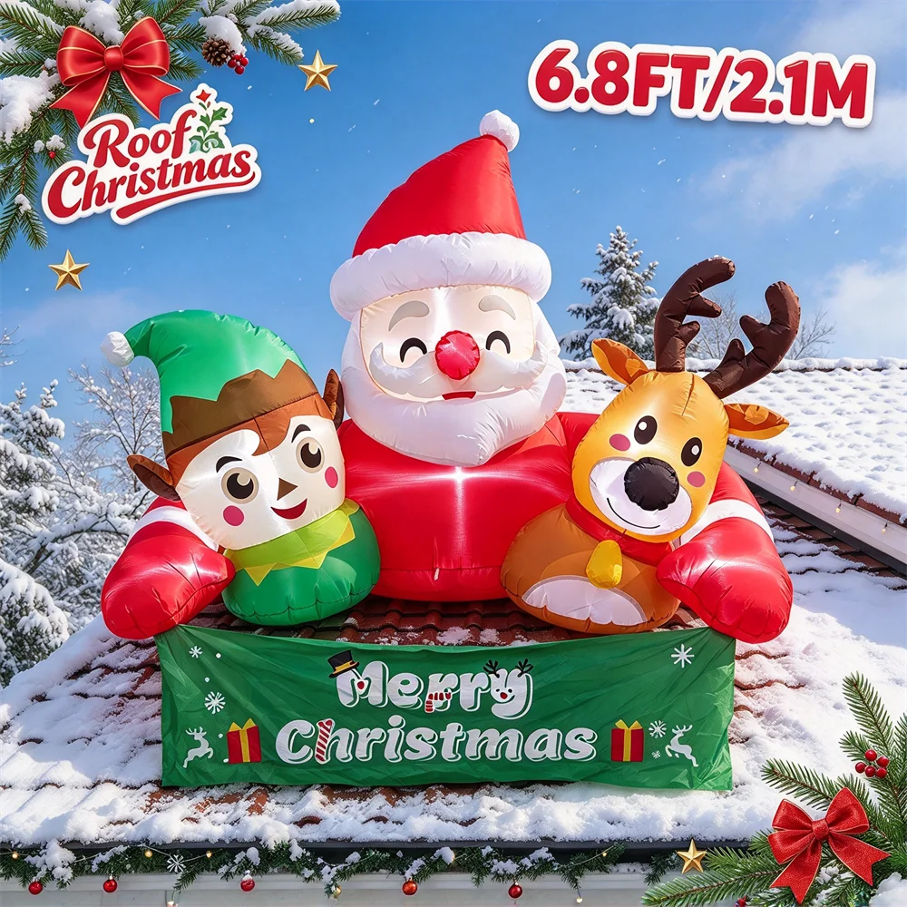 6.8FT Christmas Inflatables Outdoor Decoration Santa Claus Elf Reindeer Yard Decor With LEDs For Holiday Garden Winter Party