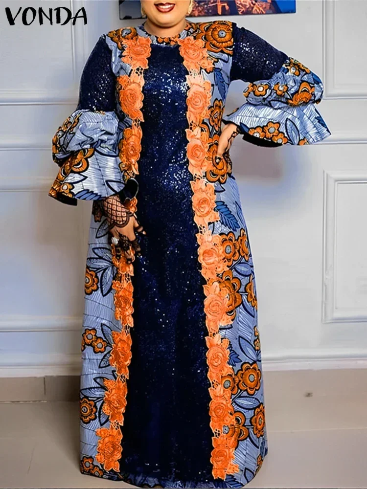 

Плюс размер VONDA богемное платье женское повседневное расклешенное платье макси с длинными рукавами круглый вырез свободный сарафан с принтом длинные халаты с оборками