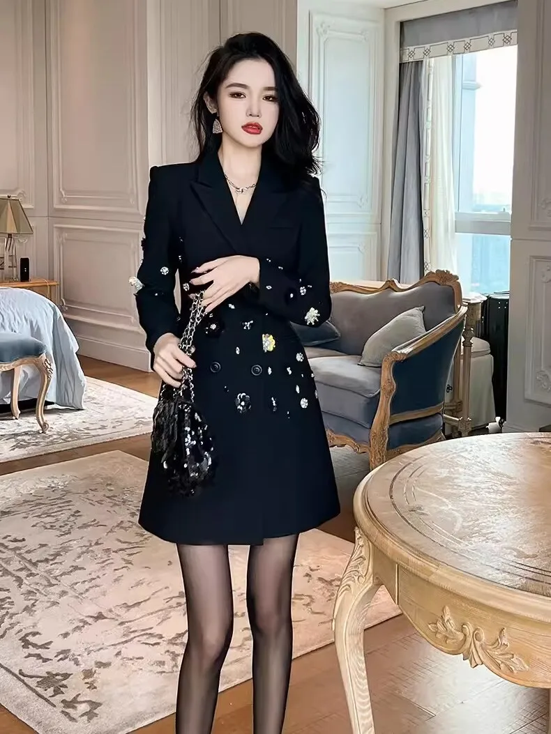 

Ele Cold Lady Sle Suit Dr Women's New 2025 Autumn Winter Heavy Bead Worked in Suit Dr High Quali Commute Sle