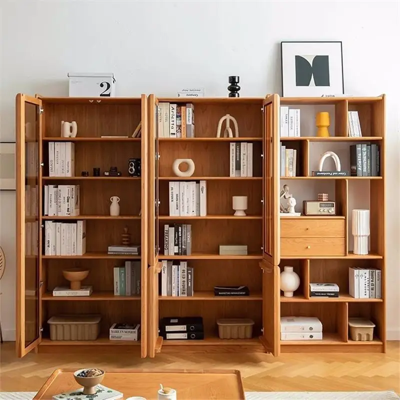 خزانة كتب يابانية من الخشب الصلب بالكامل مصنوعة من خشب الكرز ورف كتب بسيط وأرضية منزلية وباب زجاجي للتخزين