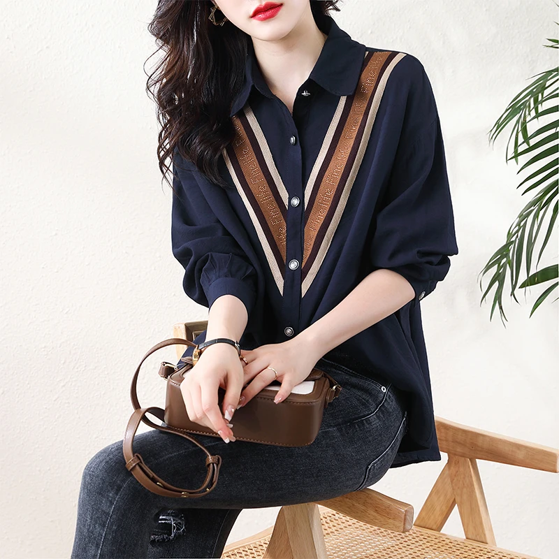 

Spring Autumn Long Sleeve Vintage Striped Fashion Chiffon Shirts Women Clothing Button Solid Loose All-match Blouses