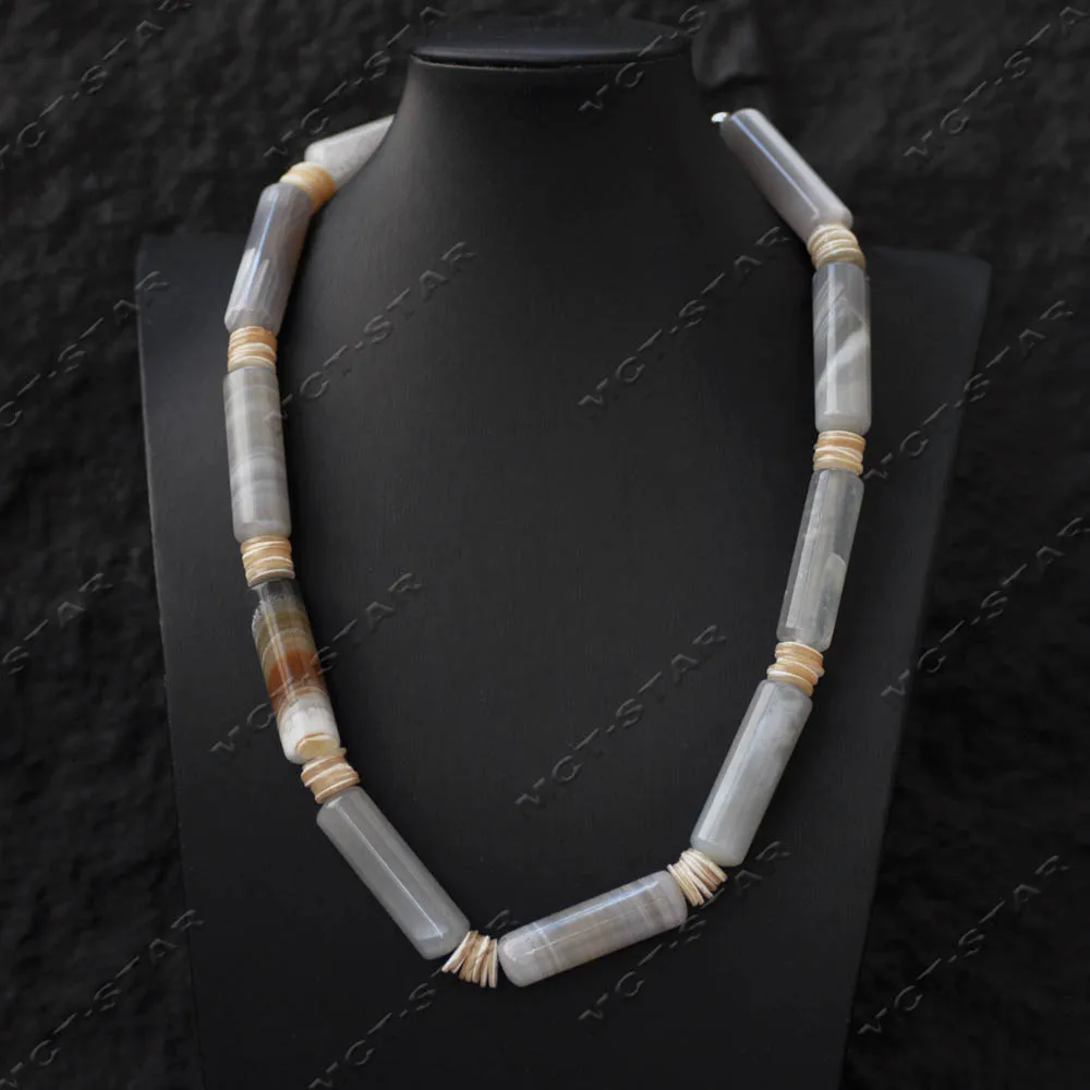 Z14595 Natural 21'' 40mm Cylindrical Striped Agate Shell Chip Coin Necklace