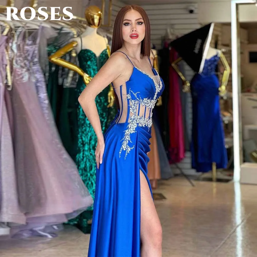 ROSES Royal Blue Prom Dresses Spaghetti Strap High Split Train Party Dress with Beaded Embroidery and Cutout Waist Customized