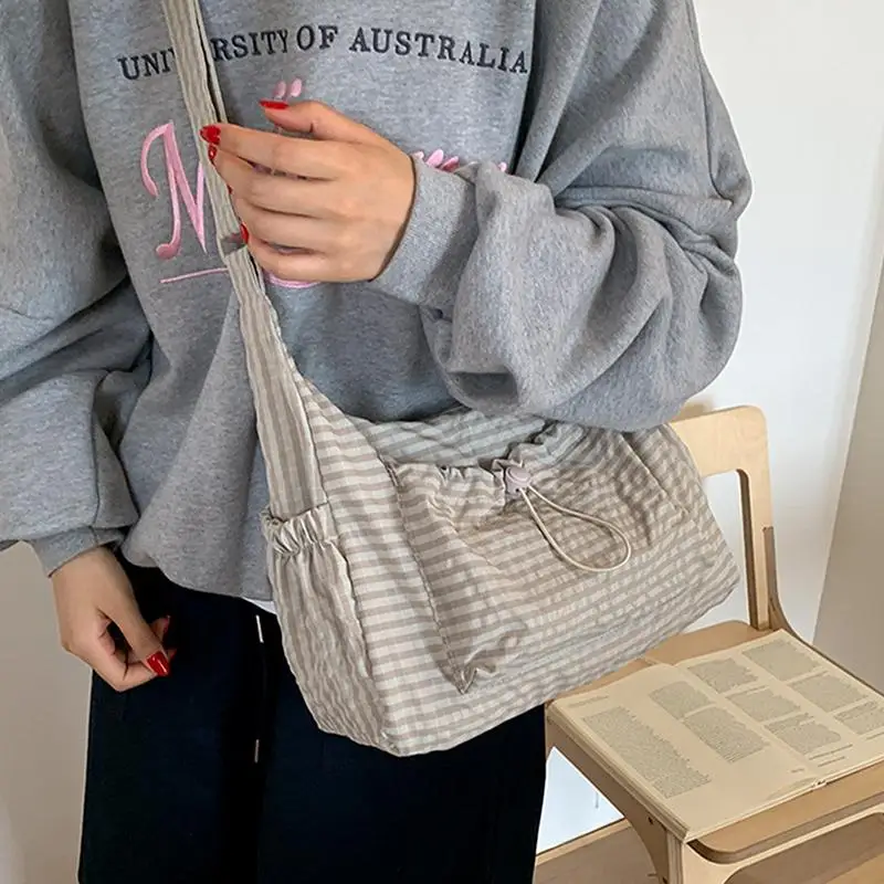 Fotografia 4: Bolsa de Ombro Leve com Estampa Xadrez Coreana para Mulheres e Meninas, Moda para Compras e Lazer