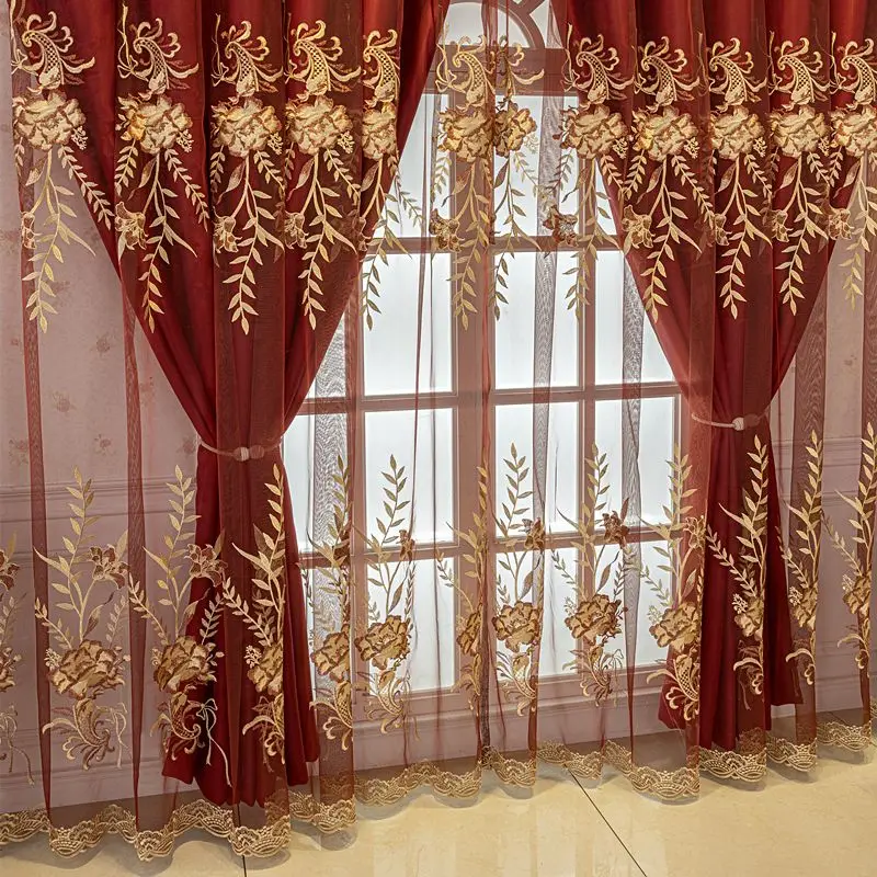 Luxury Royal Jacquard Embroidery Double Layer Curtain Red Blackout + Sheer Voile with Gold Pattern for Living Room Bedroom
