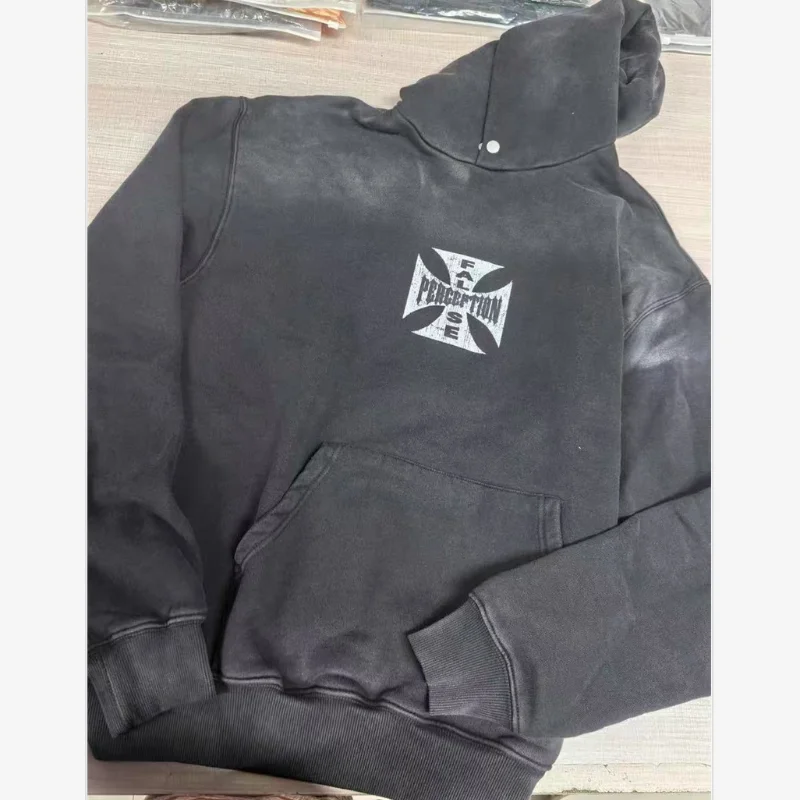 

Streetwear Oversized Crack Pattern Print Hoodie Retro Washed Black 100% Cotton Men Women Best Quality Hooded Sweatshirt