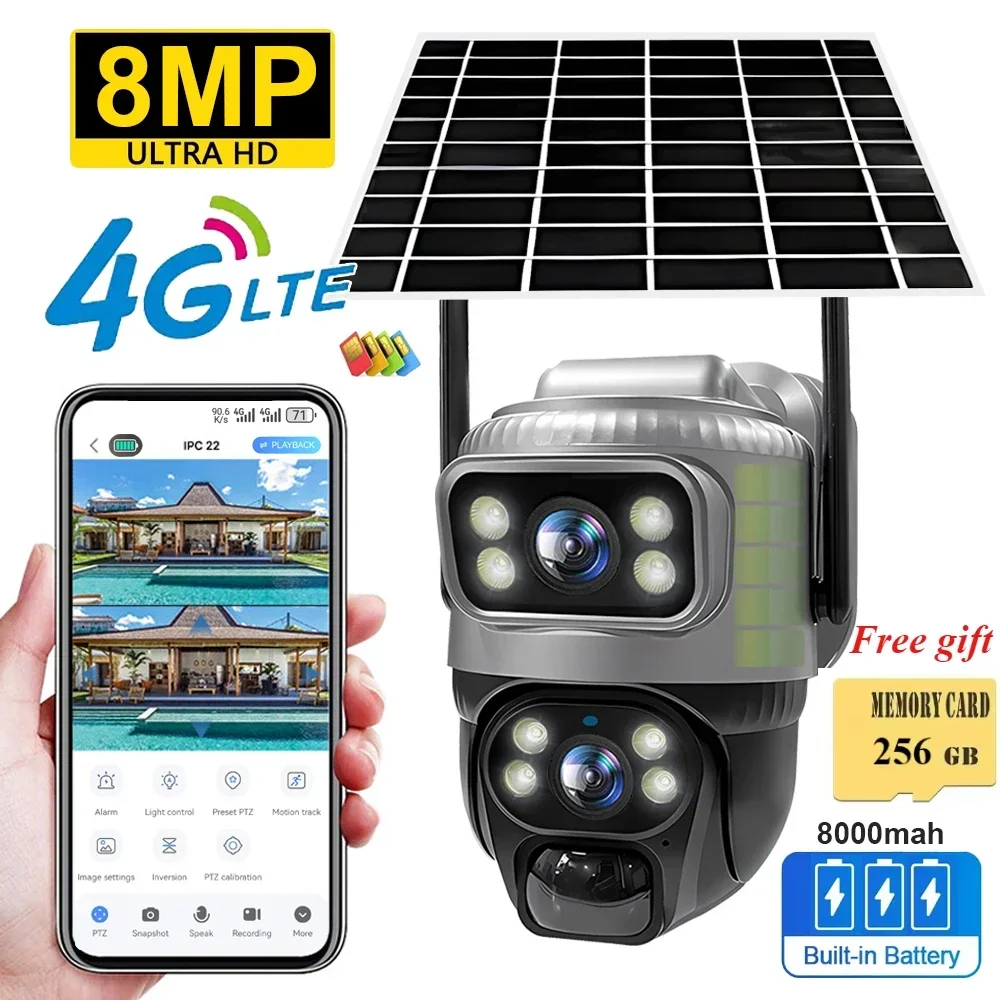 V380 Dual Lens 4G Camera Free 256GB memory card gift Night Vision Waterproof Security Video IPCamara 8MP 4K Battery CCTV Monitor