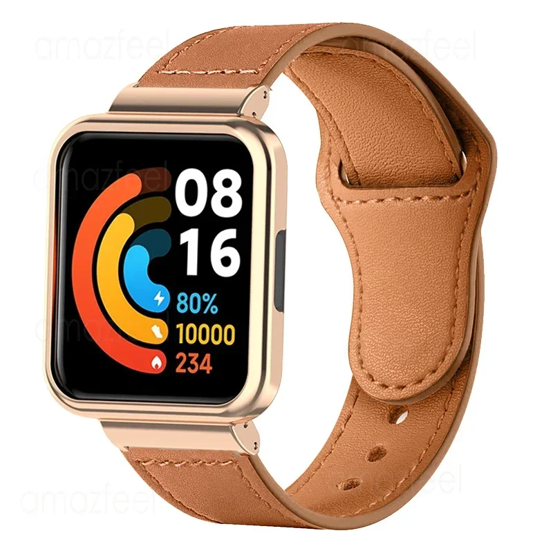 Leather Strap Metal Case For Redmi Watch 2 Lite 3 Active Watch Band Metal Case Protector for Xiaomi Mi Watch Lite Bracelet Frame