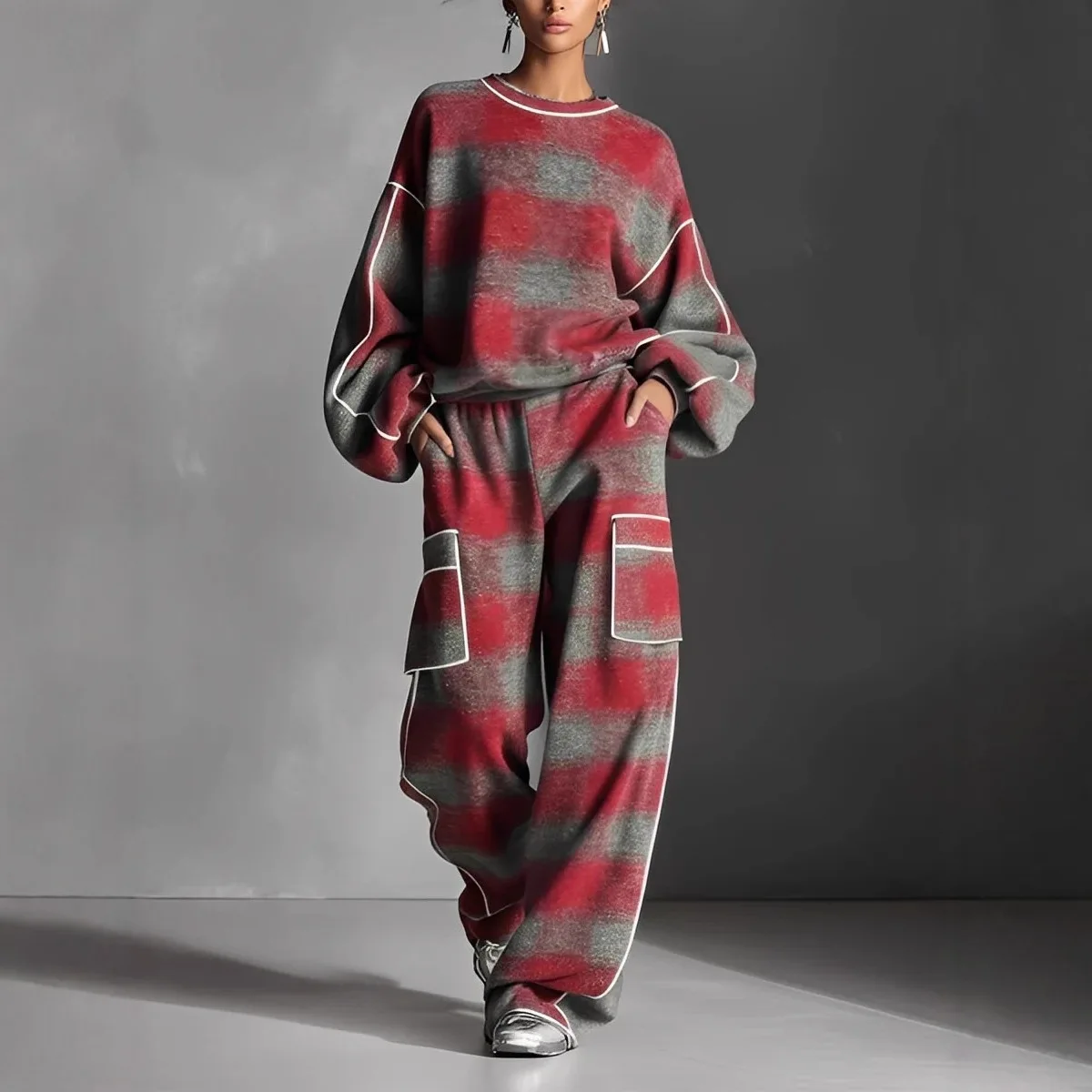 

Retro Contrast Plaid Print Sportswear Set Woman Casual O Neck Top Sweatshirt+Wide Leg Pants Outfit Autumn Long Sleeve 2pcs Suits