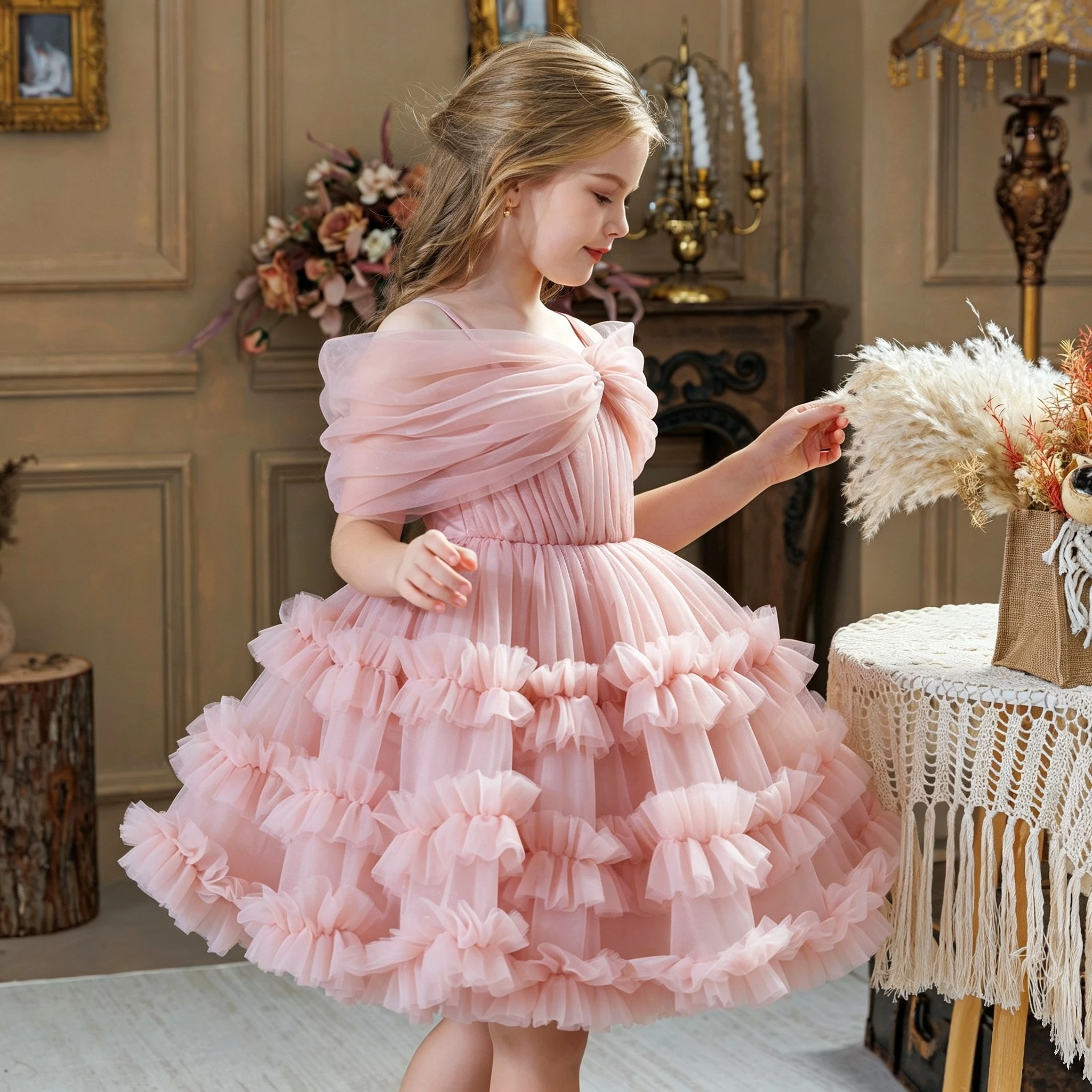 Luxury Cold‑Shoulder Flower Girl Dress Short Tiered Ruffle Pearl Bow Kids Cake Tulle Gown for Wedding Banquet Birthday Holiday