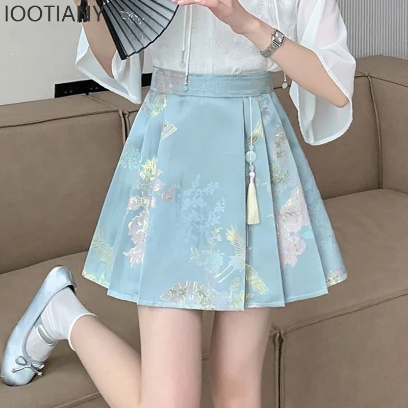 

New Fashion Elegant High Waist Blue Pleated Horse Face Skirt Casual All-match Western Style New Chinese Style Women's Skirt 2025