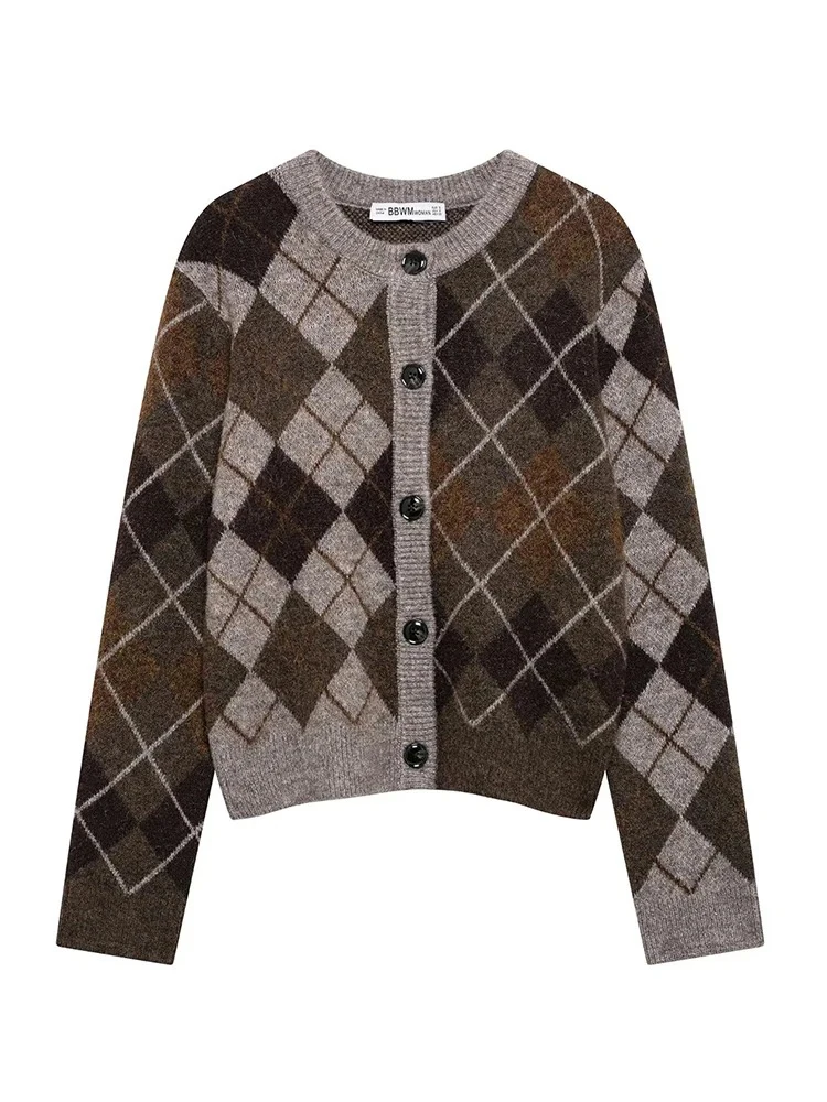 

женская мода 2024 осень и зима в Европе и США новый ретро алмаз плед вязаный кардиган случайный шик с длинными рукавами однобортный джемпер куртка уличный стиль куртка