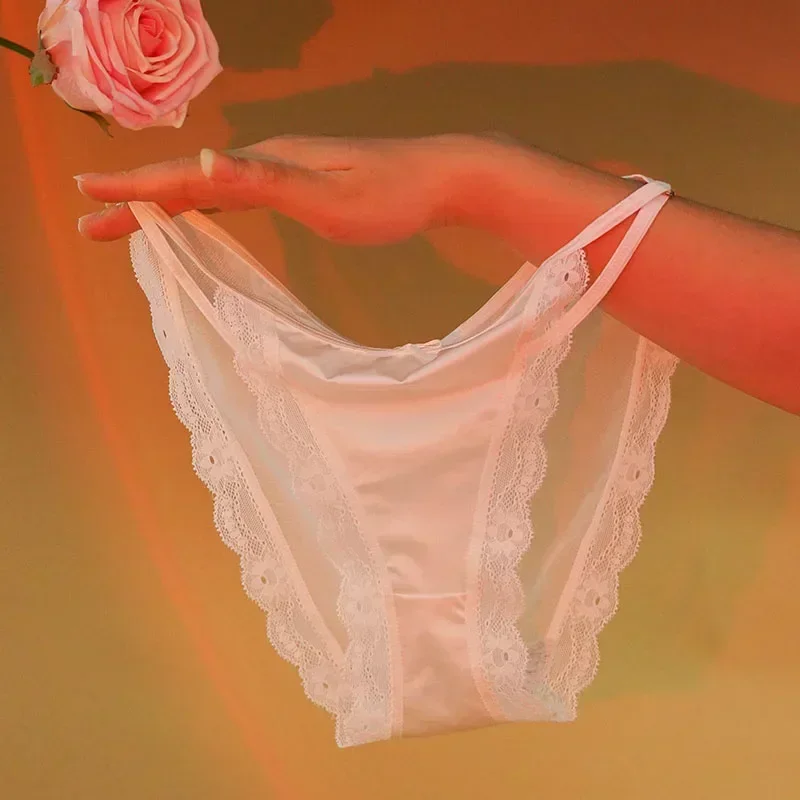 Ultra-thin Panties French Vintage Satin Mesh Lace White Panties Feminine Lace Mesh Women's Briefs Low Waist Female Underwear