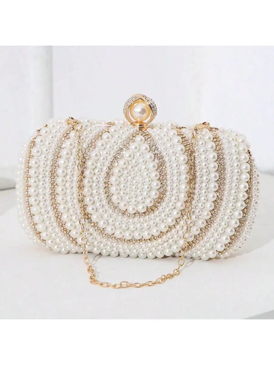 Vintage Pearl Beaded Rhinestone Clutch Evening Bag For Women