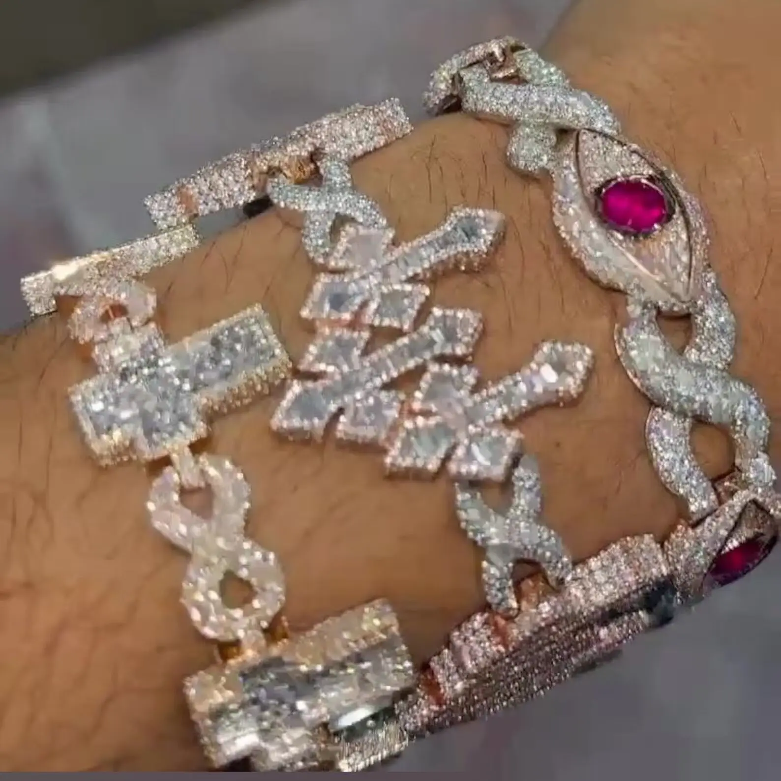 2025 moda plata oro rosa dos colores helado cruces apiladas pulsera hombres Hip Hop joyería de cadena cubana