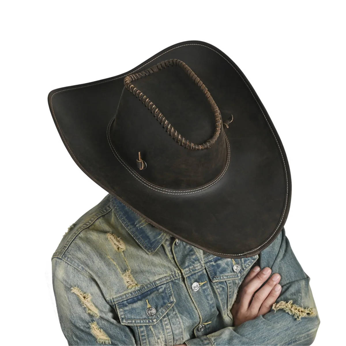 European  crazy horse leather western cowboy hat adult hat first layer cowhide hat