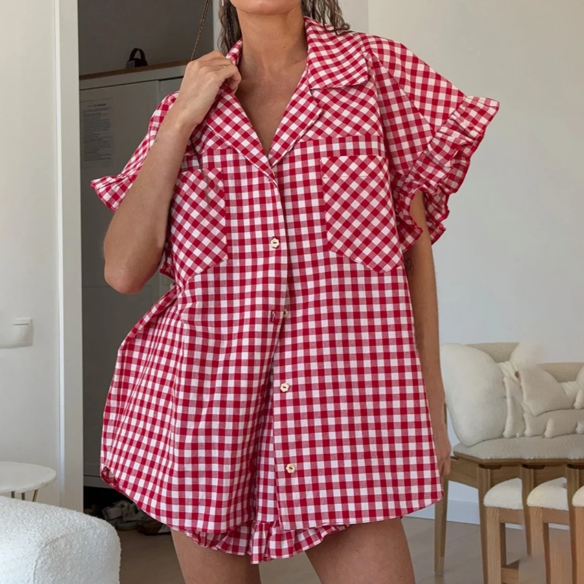 Women's Plaid Button-Up Shirt and High-Waist Shorts Two-Piece Set